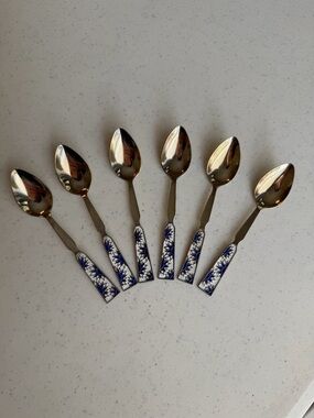 Vintage USSR 875 Silver Enamel Teaspoon Set (6) Gilt Russian Cloisonné